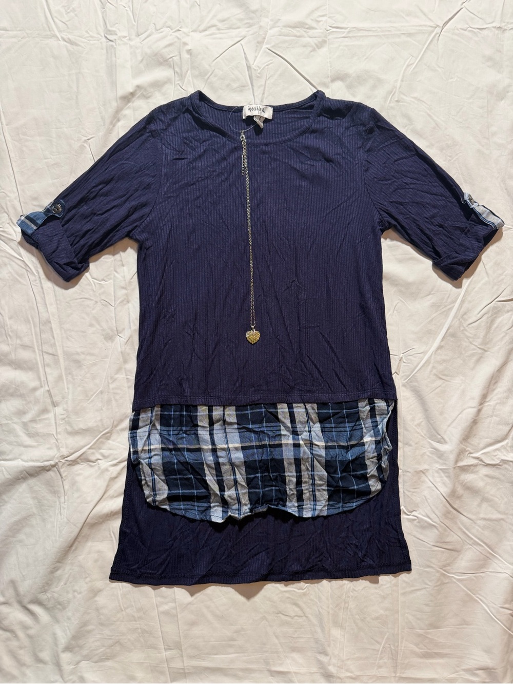 Speechless Kids Girls Tunic Faux Layered blue Plaid Hem Rib Knit Top Size L